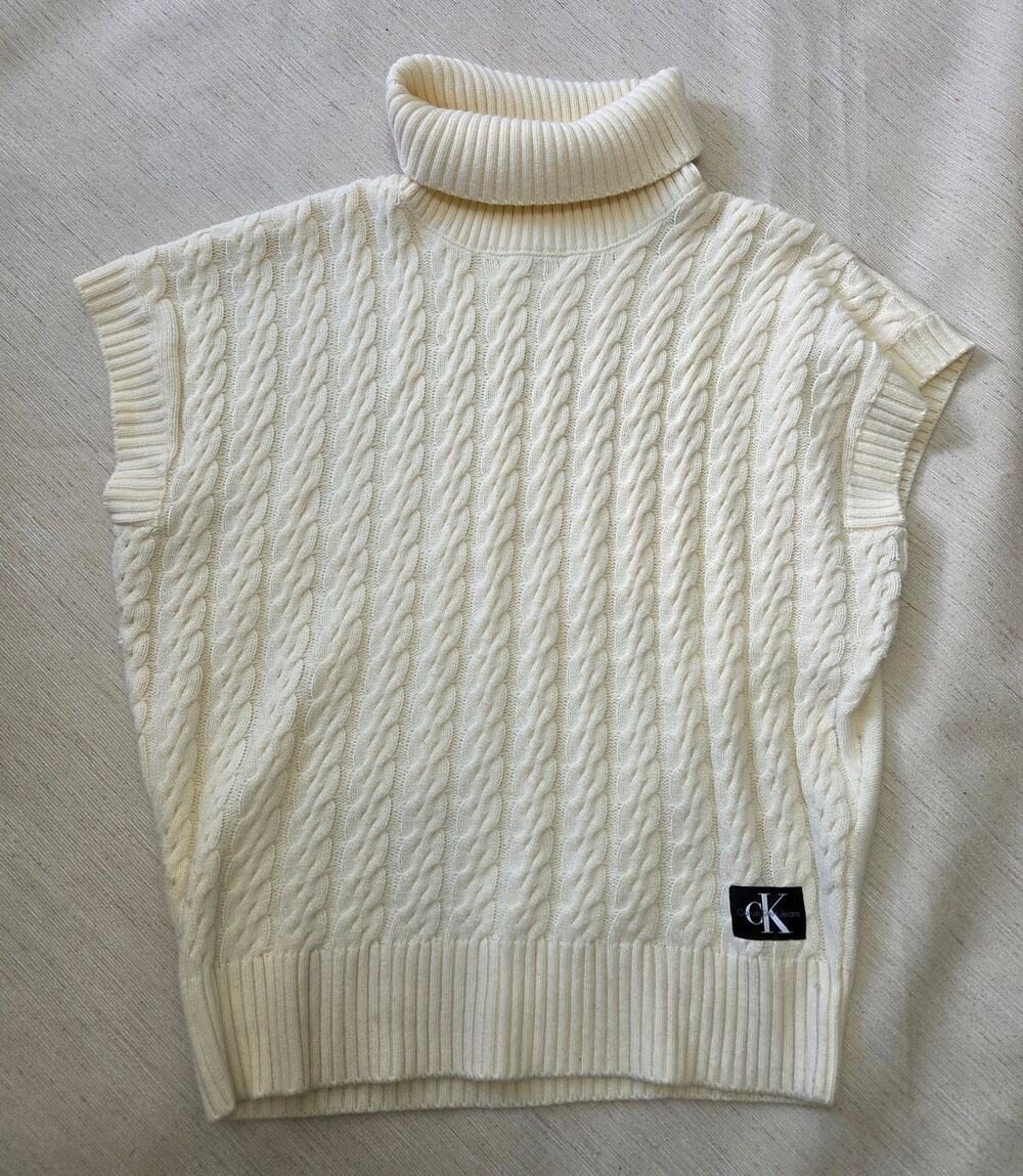 Calvin Klein Off White Short Sleeve Sweater with Cowl Neck Woman's Size Large